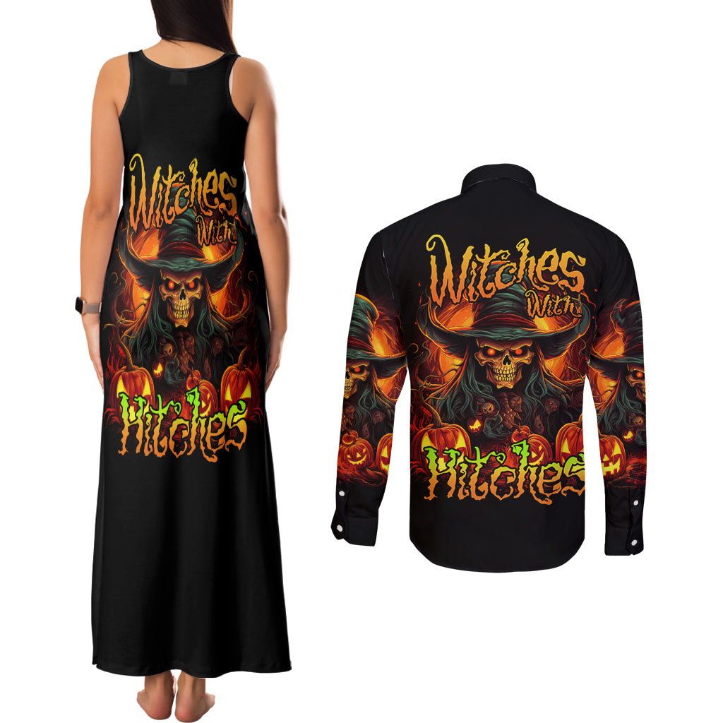 Witch Skull Couples Matching Tank Maxi Dress and Long Sleeve Button Shirt Witches With Hitches - Wonder Print Shop