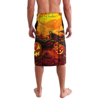 Black lava lava skirt with orange-red witch skull graphic, knee-length front view