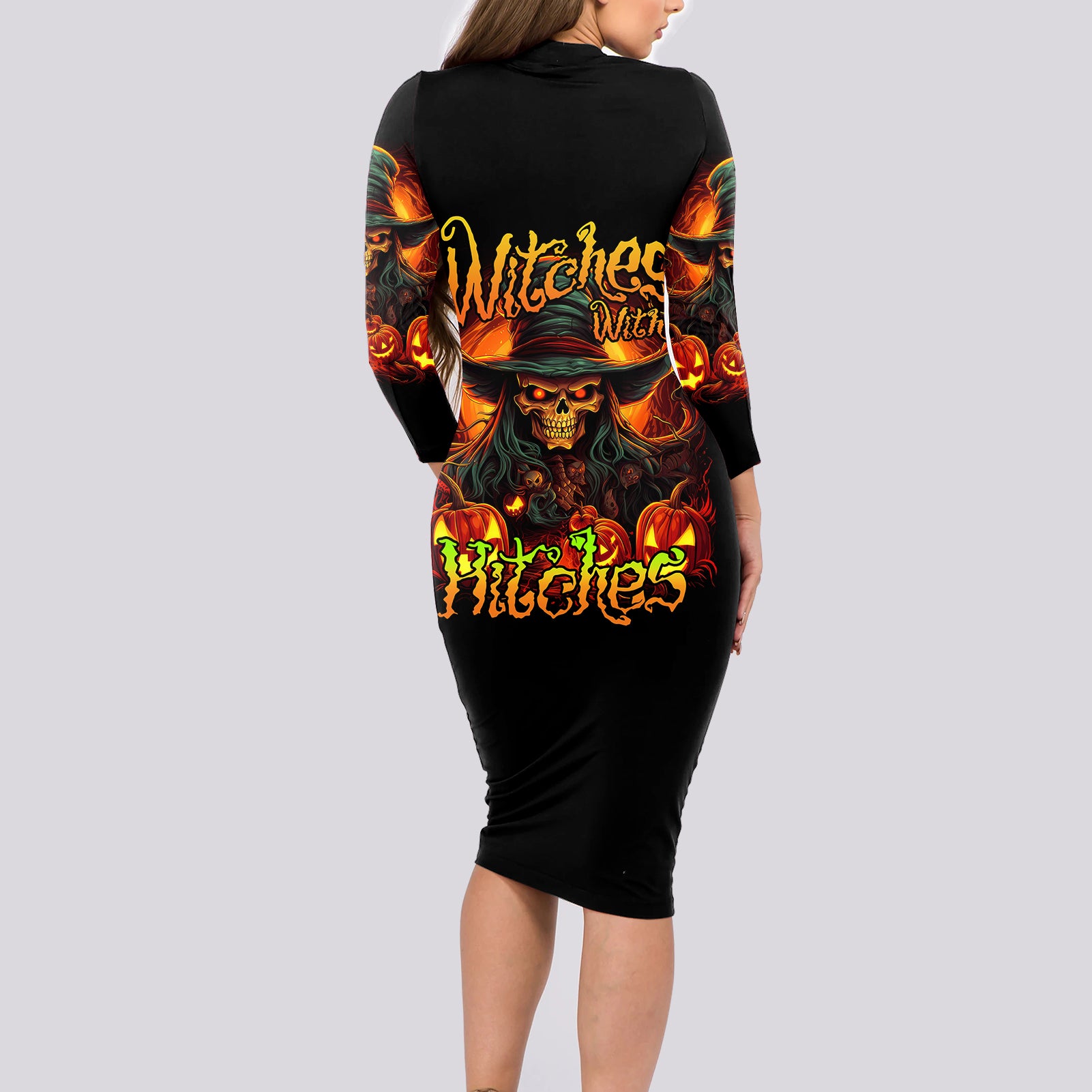 Witch Skull Long Sleeve Bodycon Dress Witches With Hitches - Wonder Print Shop