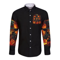 Black long-sleeve button shirt with chest witch skull graphic and jack-o-lantern sleeve prints