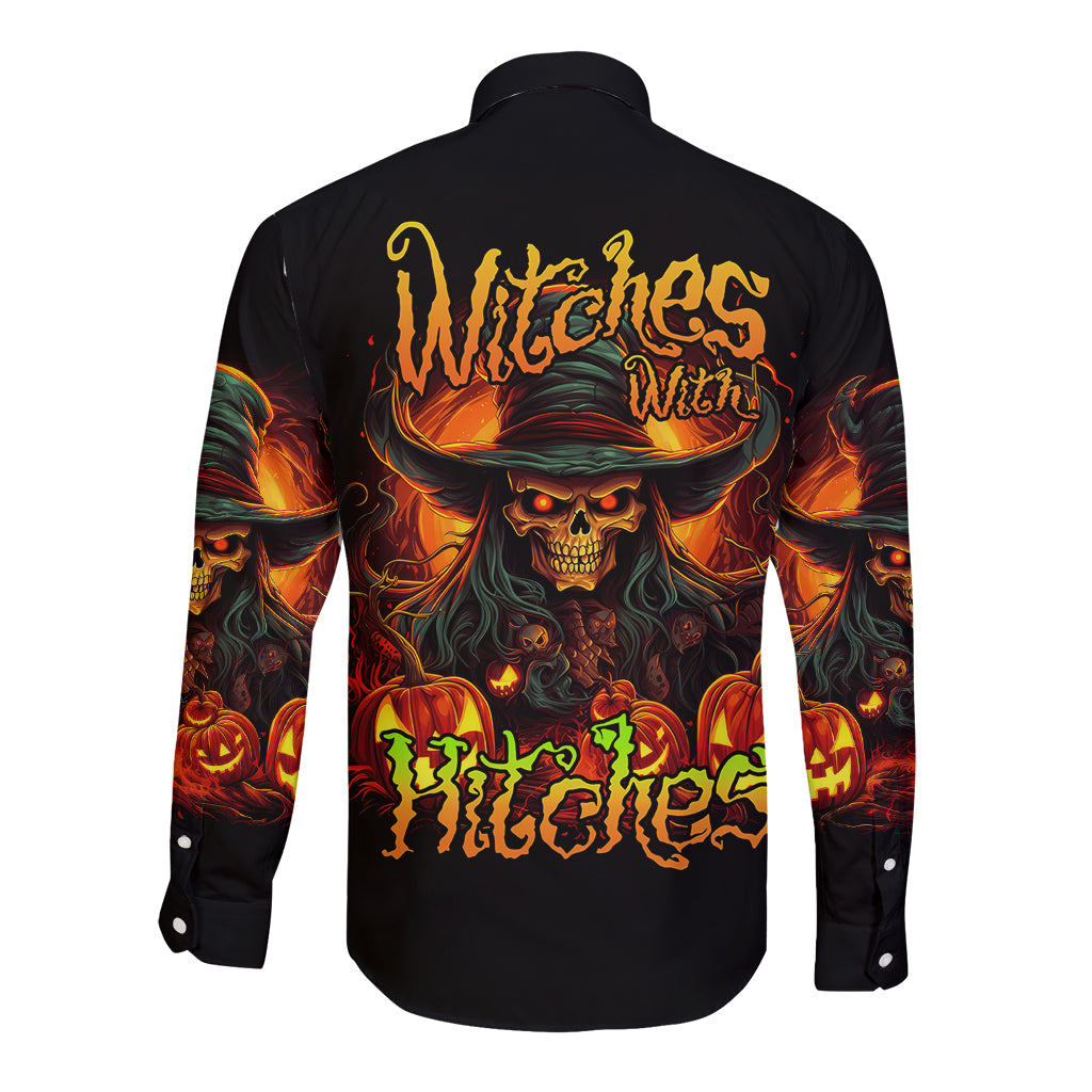 Witch Skull Long Sleeve Button Shirt Witches With Hitches - Wonder Print Shop