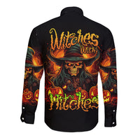 Black long-sleeve button shirt with witch skull back graphic, flames and bat pattern