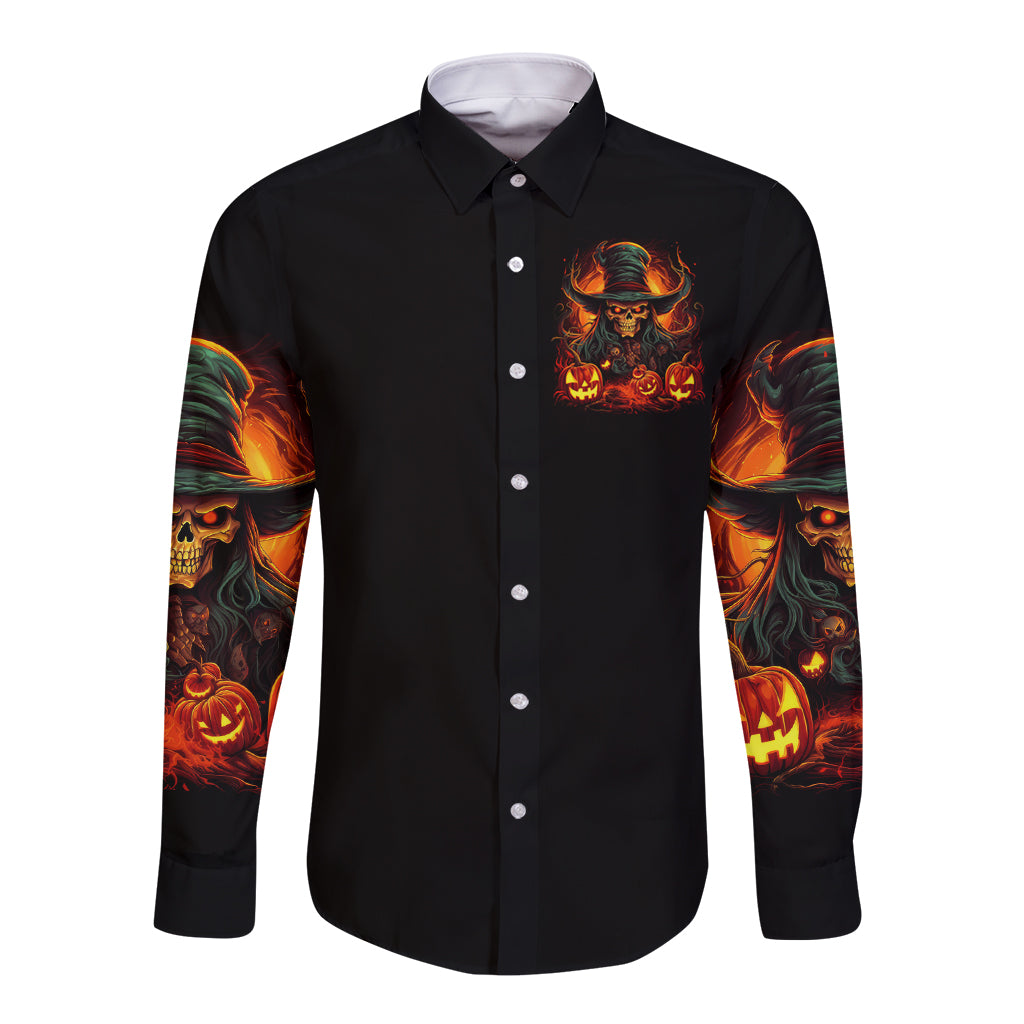 Black long sleeve button shirt with small chest skull graphic and flame sleeve prints