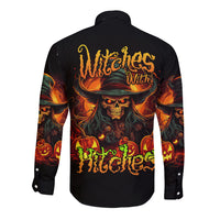 Black long sleeve button shirt with witch skull graphic on back and full sleeve art