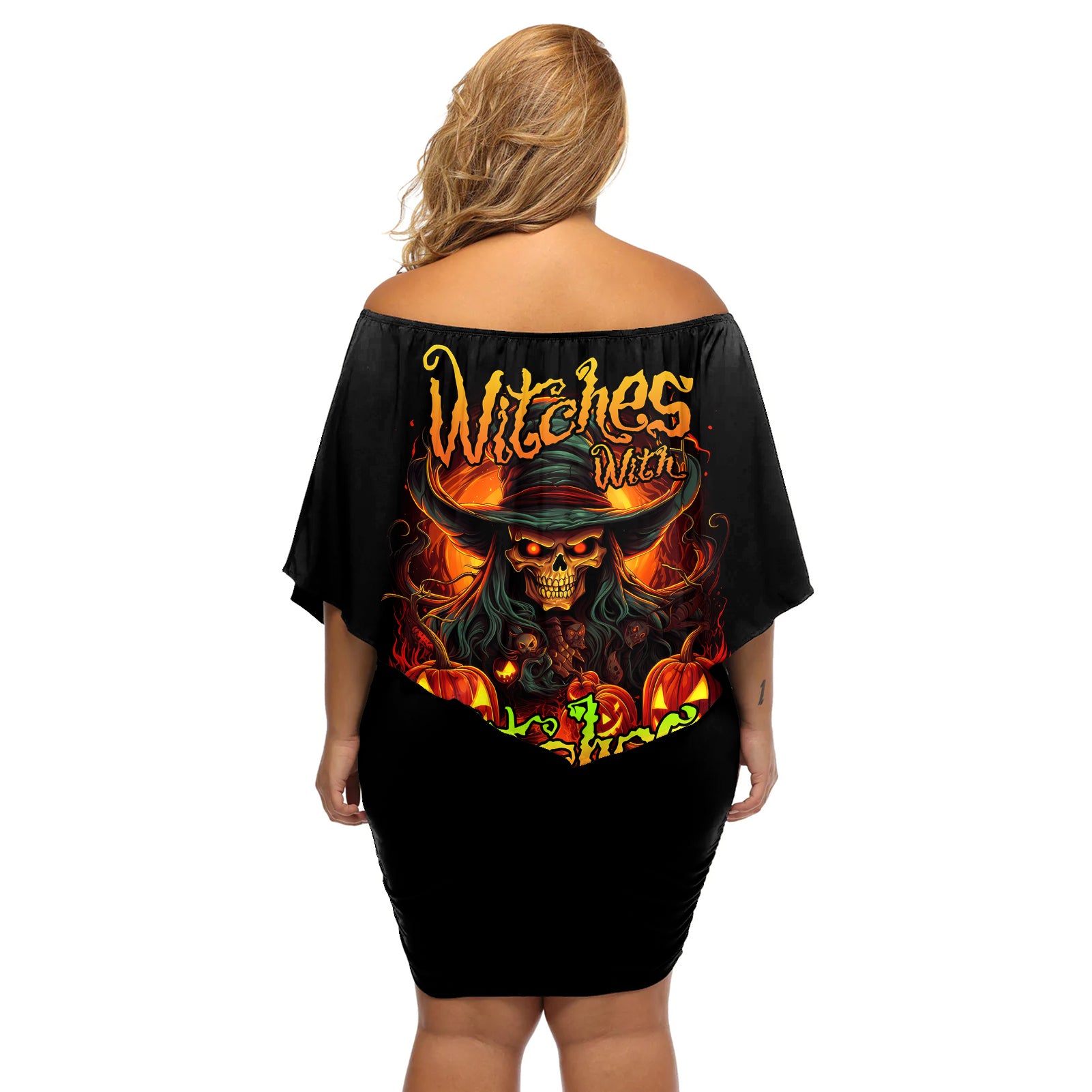 Witch Skull Off Shoulder Short Dress Witches With Hitches - Wonder Print Shop