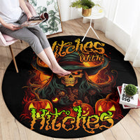Black round witch skull rug with flaming broom and green 'Witches' text