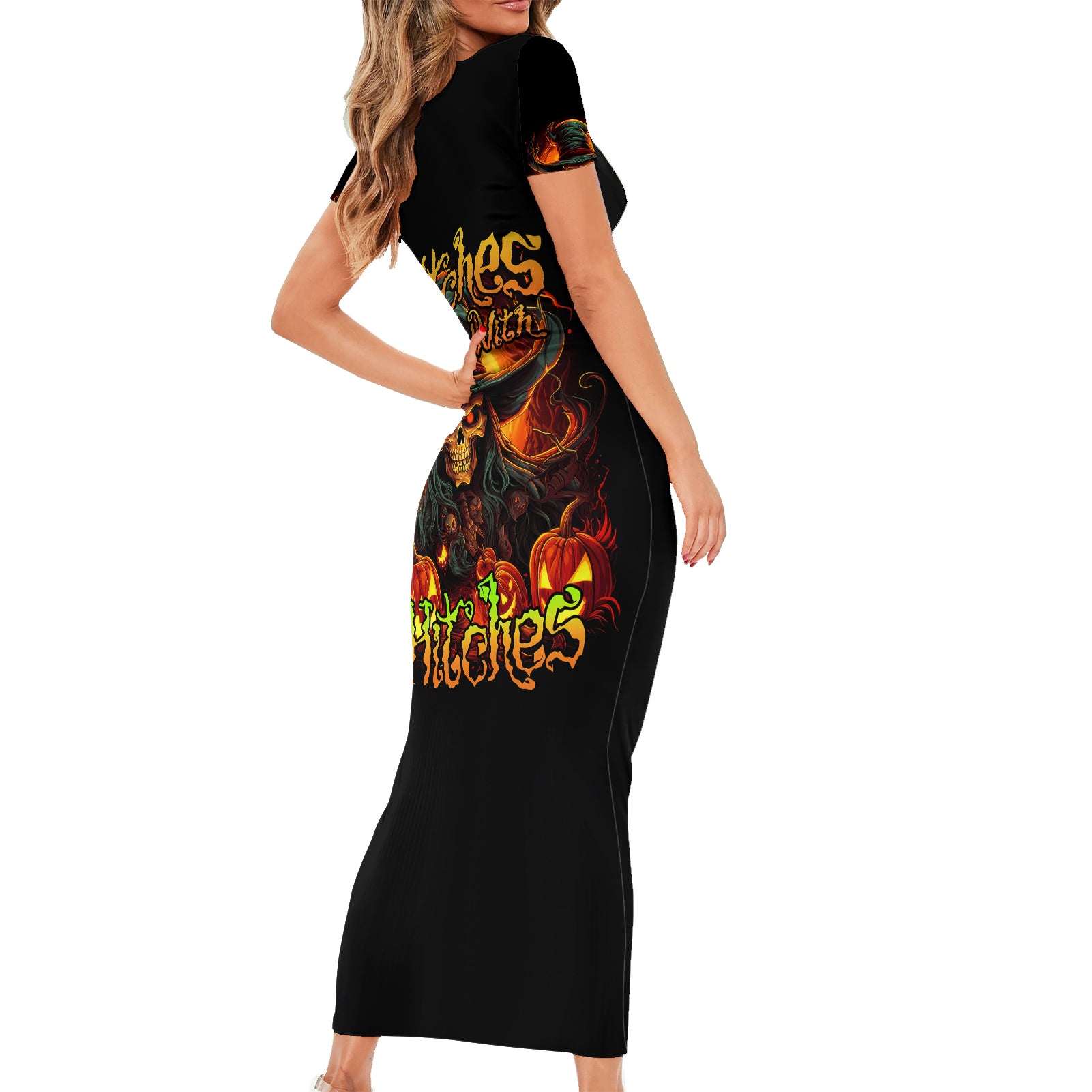 Witch Skull Short Sleeve Bodycon Dress Witches With Hitches - Wonder Print Shop