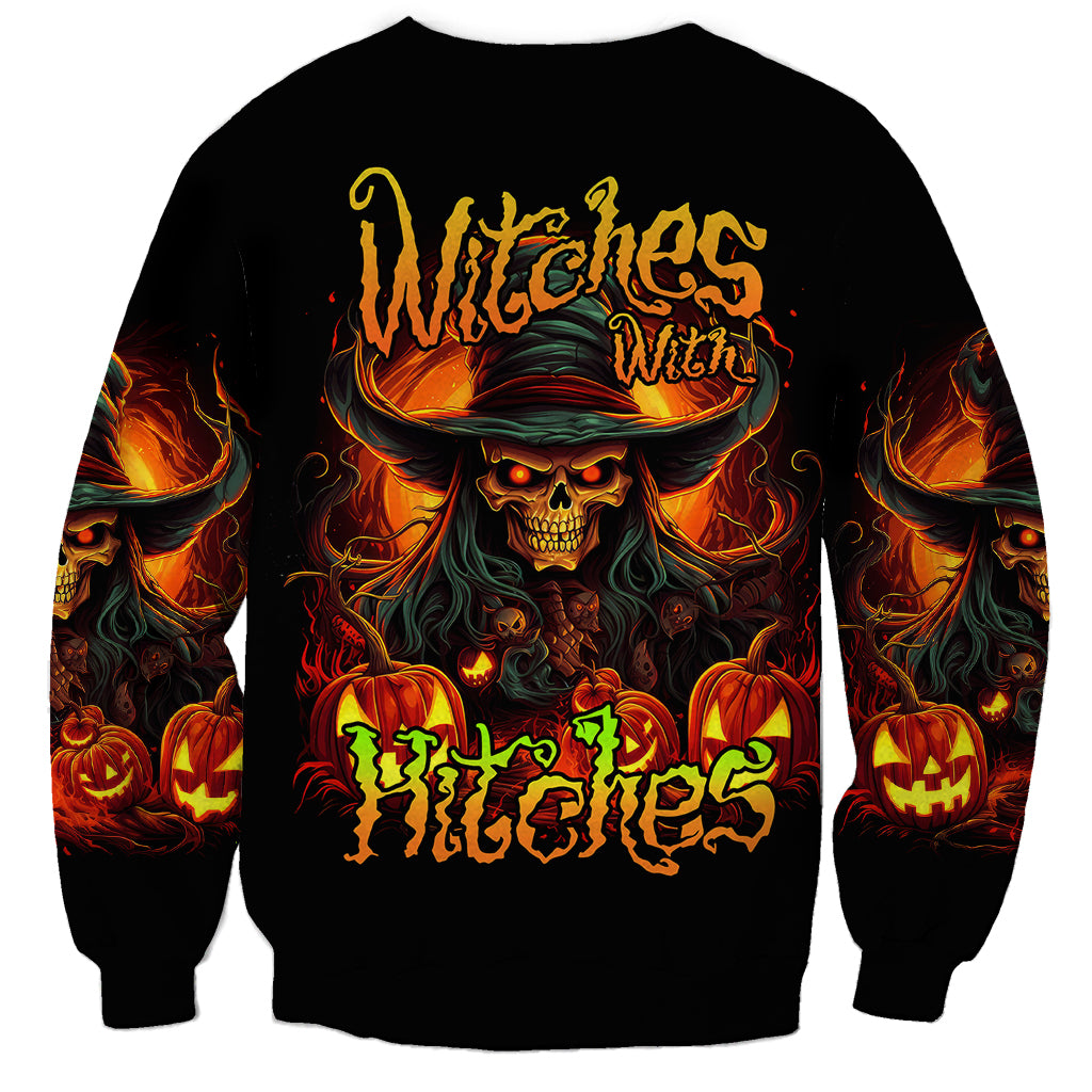 Black unisex sweatshirt with large witch skull graphic, flames, and spooky text