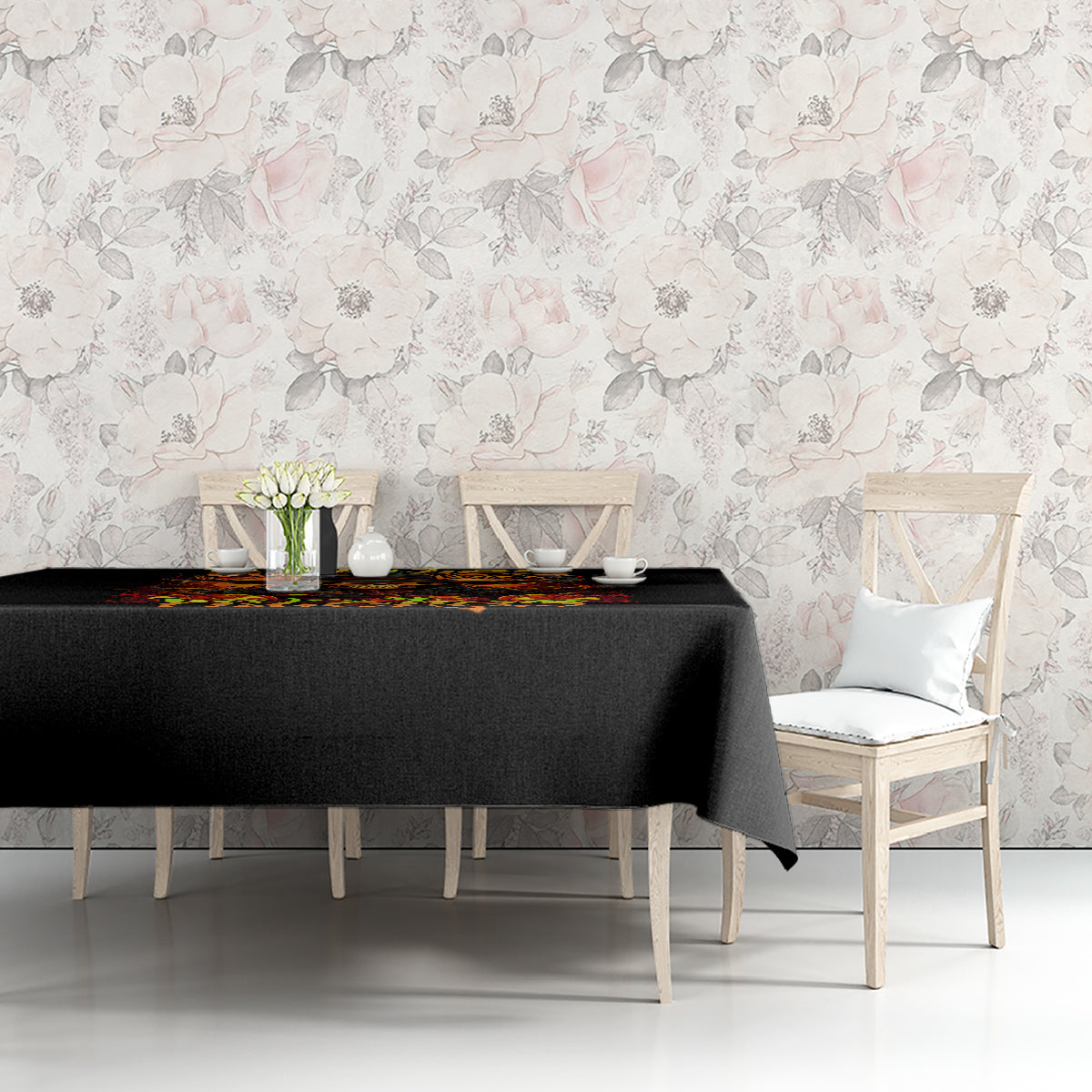 Black witch skull tablecloth on console table with flaming skull strip