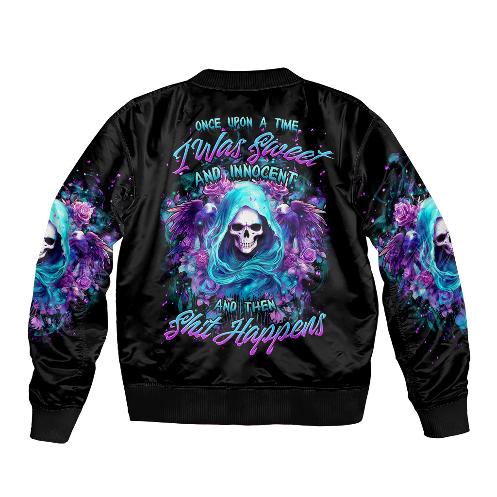 Fairy Skull Sleeve Zip Bomber Jacket Once Upon A Time I Was Sweet And Innocent And Then Shit Happens