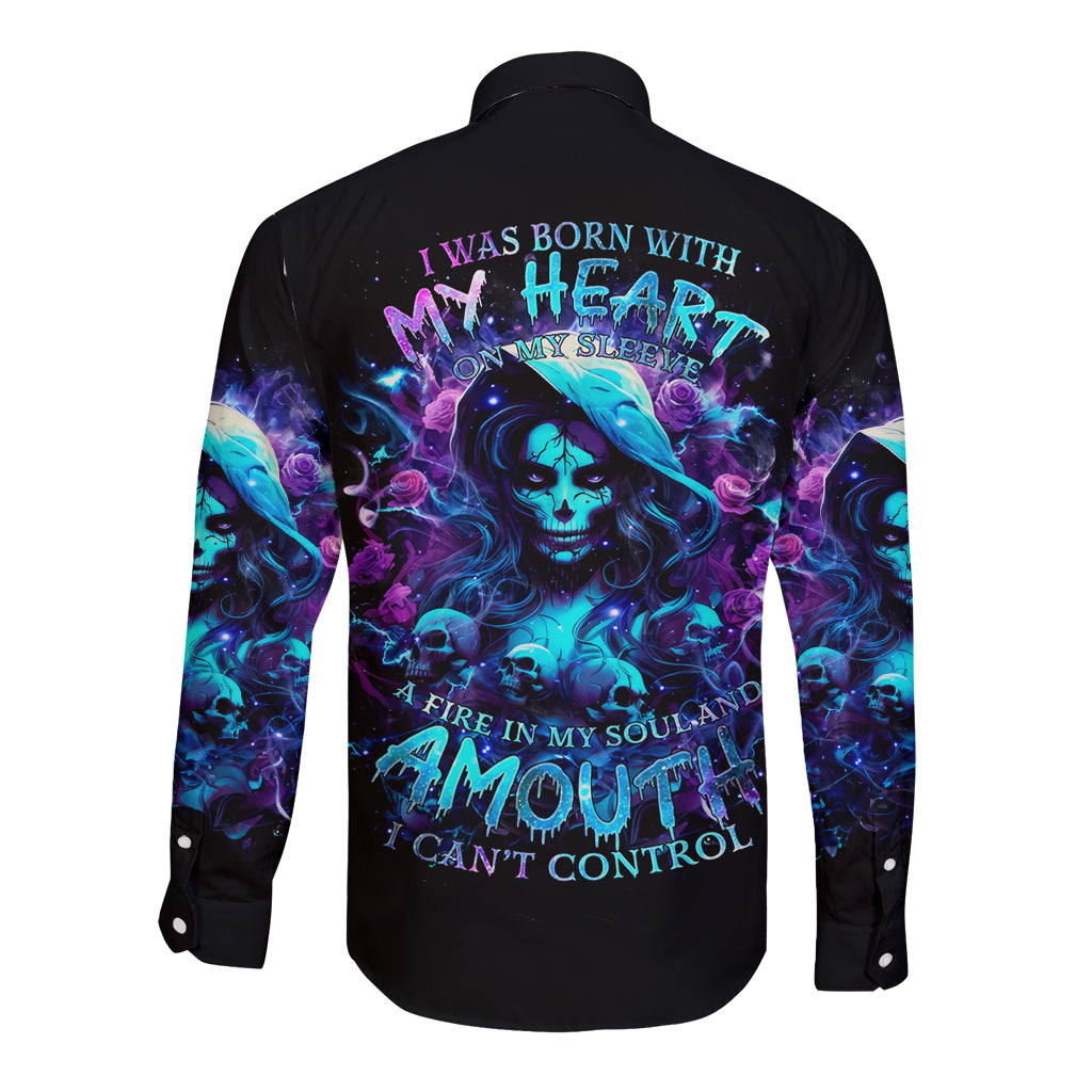 Witch Skull Long Sleeve Button Shirt I Was Born With My Heart On My Sleeve A Fire In My Soul And Amout Can't Control - Wonder Print Shop