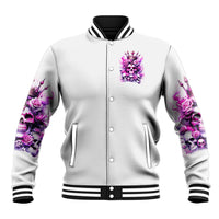 White baseball jacket with purple queen skull front graphic, snap buttons and ribbed cuffs