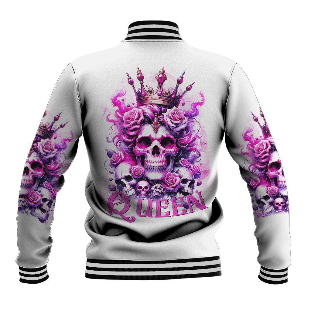White baseball jacket with purple queen skull back graphic and striped ribbed trim