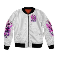 White bomber jacket with pink rose skull front patch, full zipper and ribbed hem