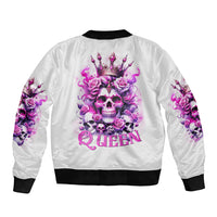 White rose skull bomber jacket with pink “Queen” back graphic and ribbed trim