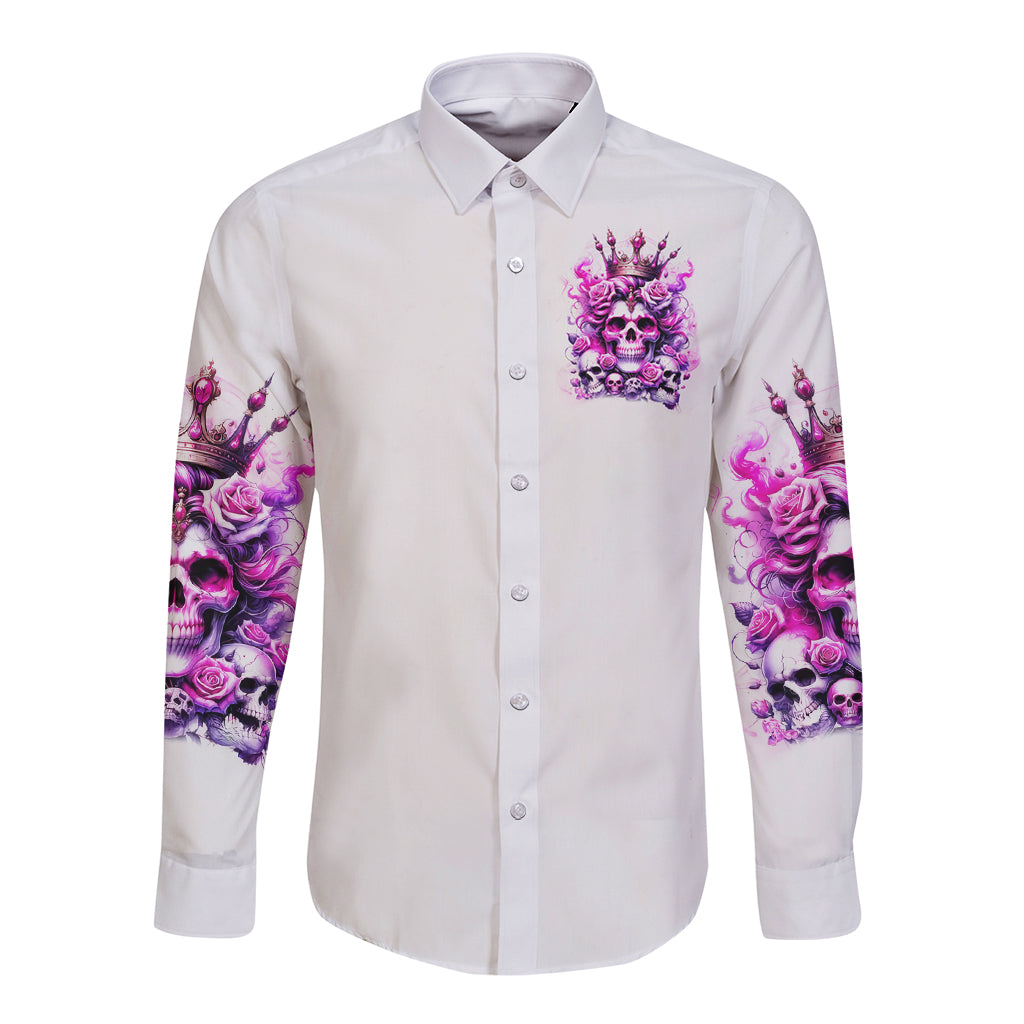 White long sleeve button-up shirt with pink rose skull chest and sleeve graphics
