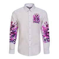 White long sleeve button-up shirt with pink rose skull chest and sleeve graphics