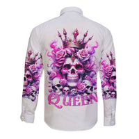White long sleeve button-up shirt with pink rose skull crown back print