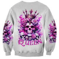 Rose skull sweatshirt in light gray with crown, roses, and purple “QUEEN” graphic