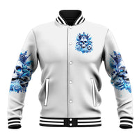 White varsity baseball jacket with blue skull graphic on chest and black ribbed cuffs