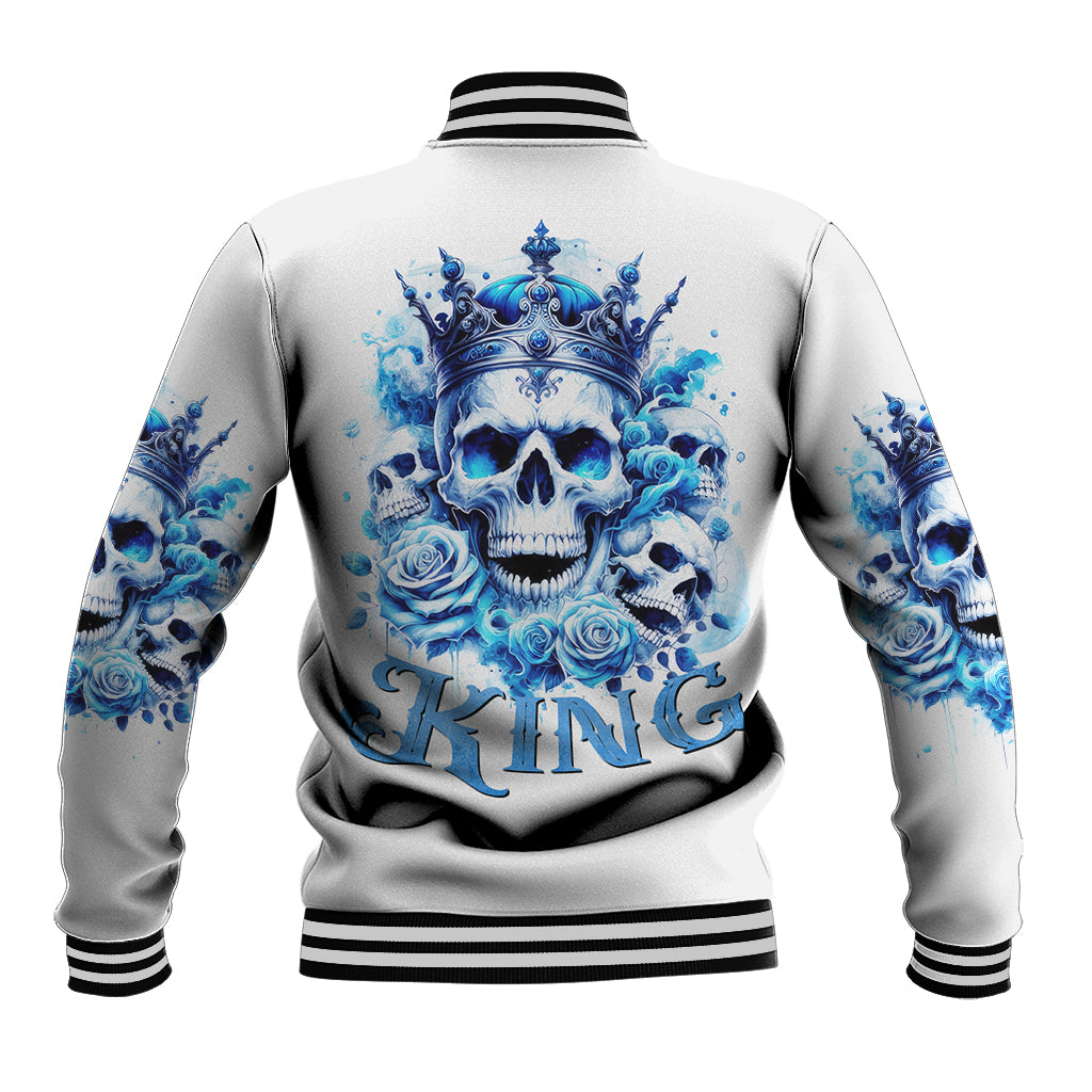 White baseball jacket with blue king skull and roses on back, striped ribbed hem
