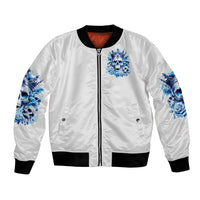White zip-front bomber jacket with blue skull-and-rose chest art, black ribbed hem