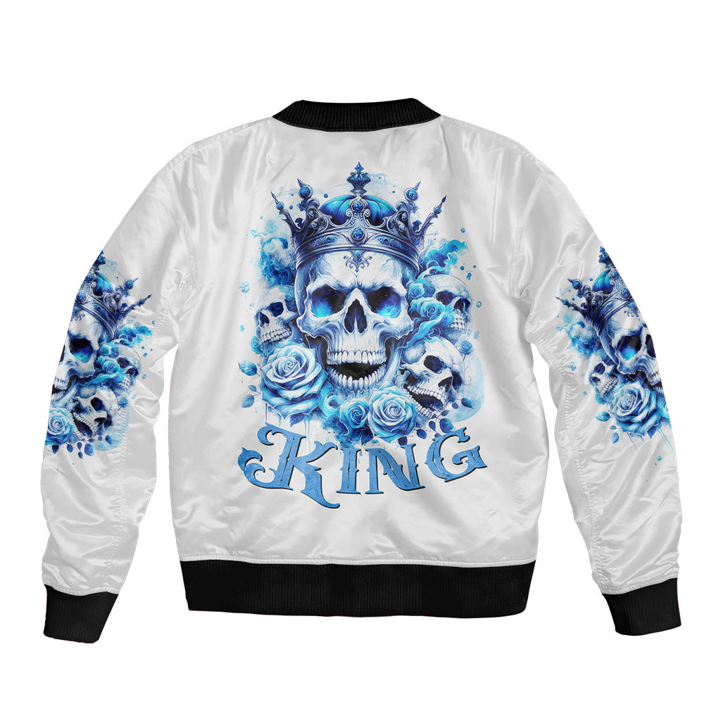 White bomber jacket with blue skull and rose back graphic, black ribbed collar and cuffs