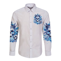 White long-sleeve button shirt with blue front skull chest print and sleeve graphics
