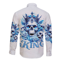 White long-sleeve button shirt with blue skull crown and rose back graphic
