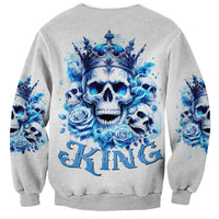 Unisex light gray sweatshirt with blue king skull, crown, roses, and 'KING' graphic