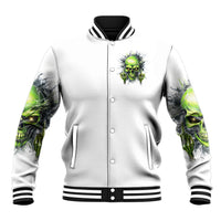 White unisex baseball jacket with green skull chest patch, striped collar, zip front
