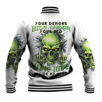 White unisex baseball jacket with green skull, lightning-themed back graphic, striped trim