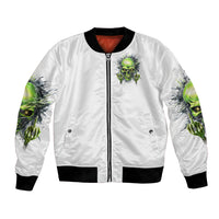 White unisex bomber jacket front with central zipper and green skull chest graphic