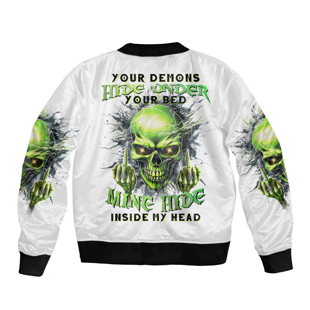 Thunder Skull Bomber Jacket The Demon Hide Under Your Bed Mine Hide Inside My Head - Wonder Print Shop