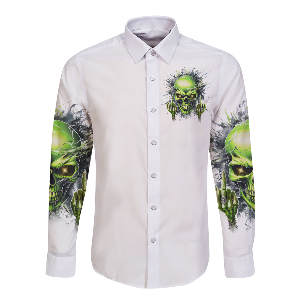 White long-sleeve button shirt with green skull graphic on chest