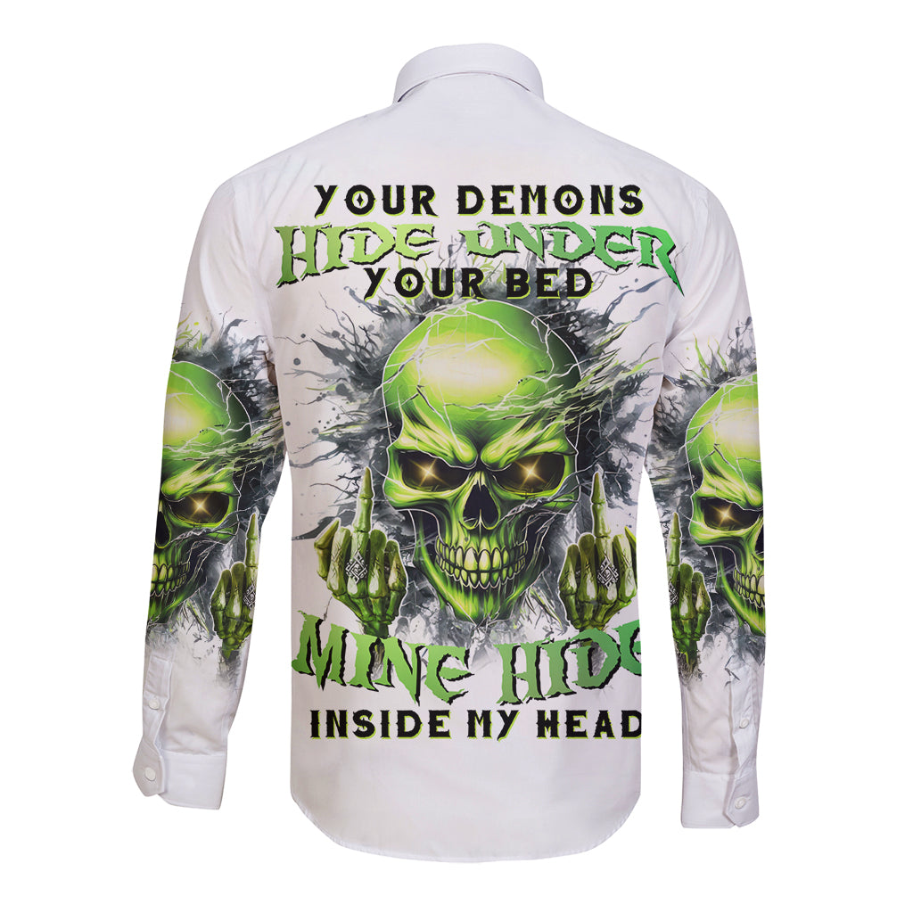 White long-sleeve button shirt with green skull graphic on back