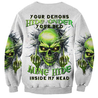 Unisex light gray sweatshirt with green skull back graphic and slogan print