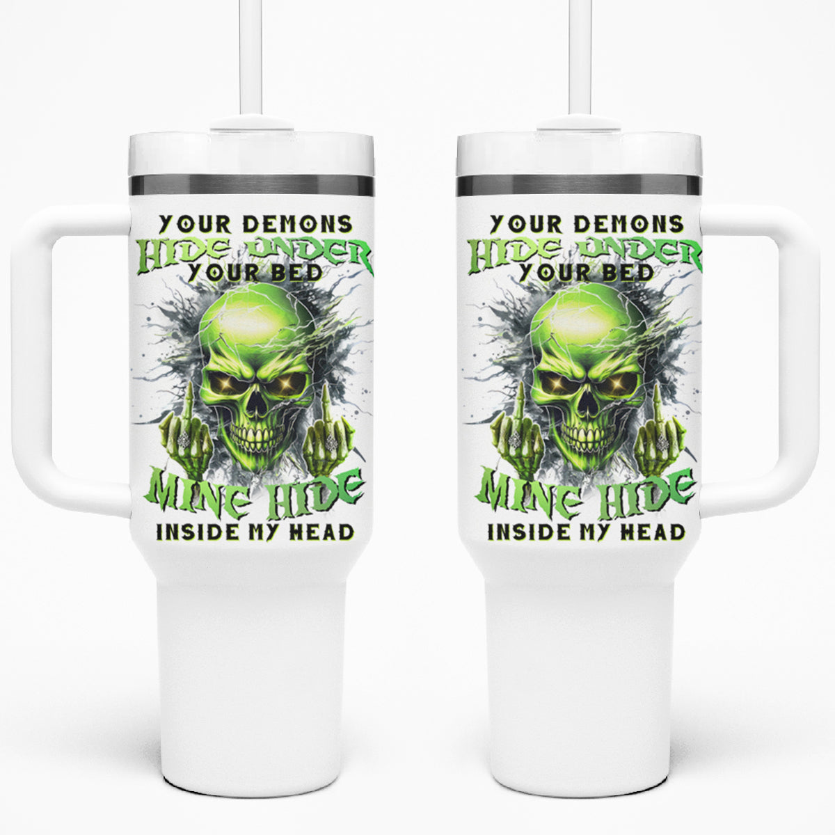 Thunder Skull Tumbler With Handle The Demon Hide Under Your Bed Mine Hide Inside My Head