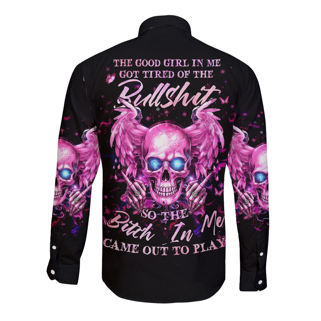 Angel Skull Long Sleeve Button Shirt The Good Girl In Me Got Tired Of The Bullshit - Wonder Print Shop