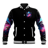 Black baseball jacket with small front witch skull graphic, snap buttons and striped collar