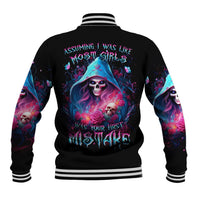 Black baseball jacket with multicolor witch skull graphic on back and striped ribbed cuffs