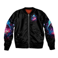 Black unisex bomber jacket front with zipper, ribbed cuffs, chest skull graphic