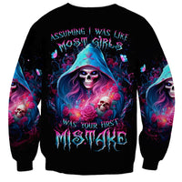 Black unisex crewneck sweatshirt with witch skull graphic and colorful sleeve art