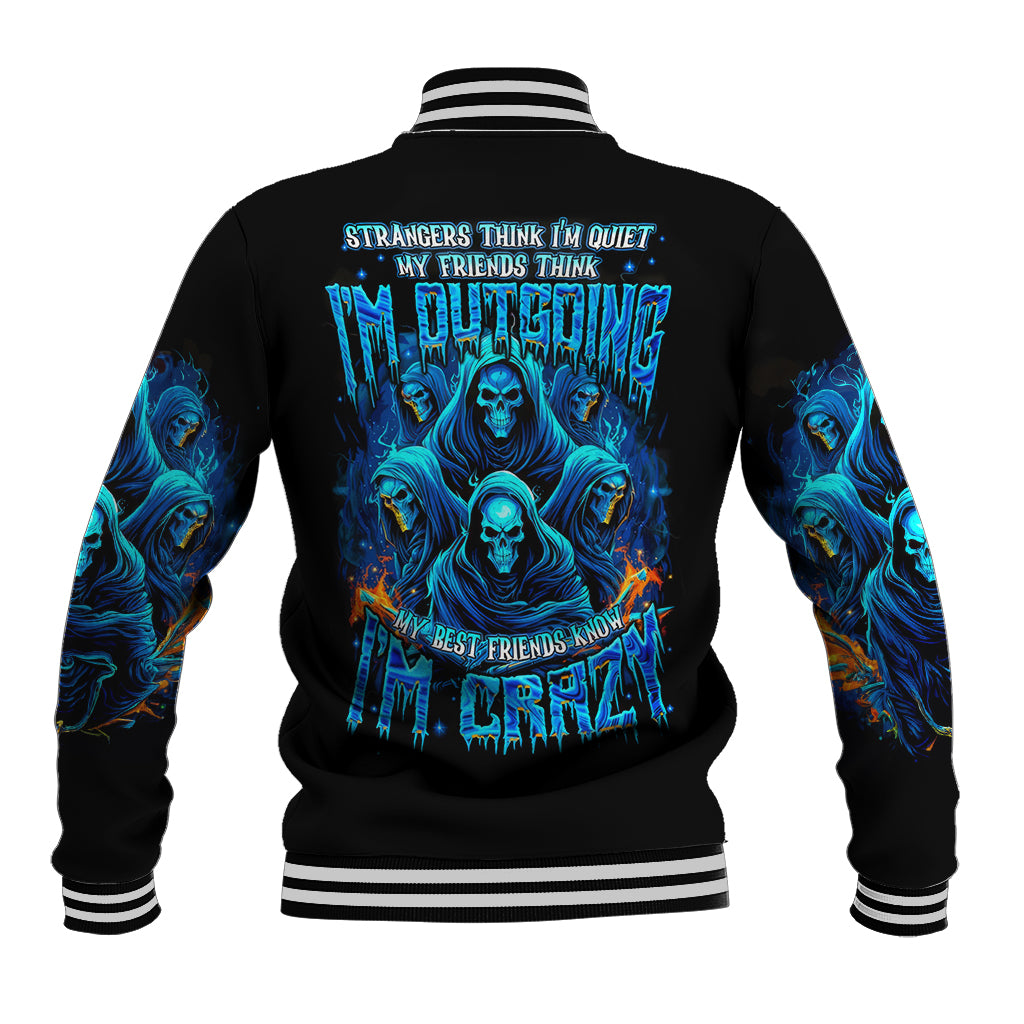 Black baseball jacket with blue witch-skull back graphic, striped ribbed collar and cuffs