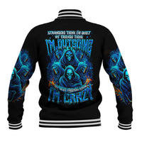 Black baseball jacket with blue witch-skull back graphic, striped ribbed collar and cuffs