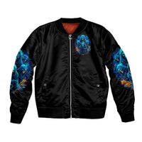 Unisex black bomber jacket, front zip with blue skull witch graphic and side sleeves
