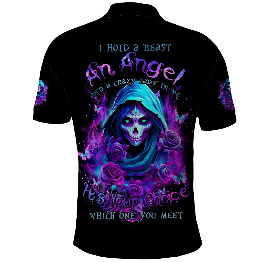 Witch Skull Polo Shirt I Hold A Beast An Angel And Crazy Lady In Me - Wonder Print Shop