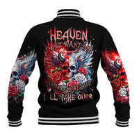 Black baseball jacket with skull and roses back graphic, ribbed varsity collar