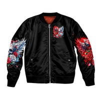 Black satin bomber jacket with front zipper, winged skull and rose sleeve print
