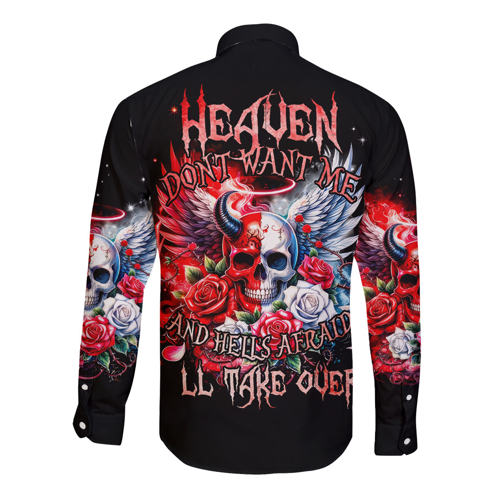 Evil Angel Skull Long Sleeve Button Shirt Heaven Don't Want Me And Hell Afraid - Wonder Print Shop